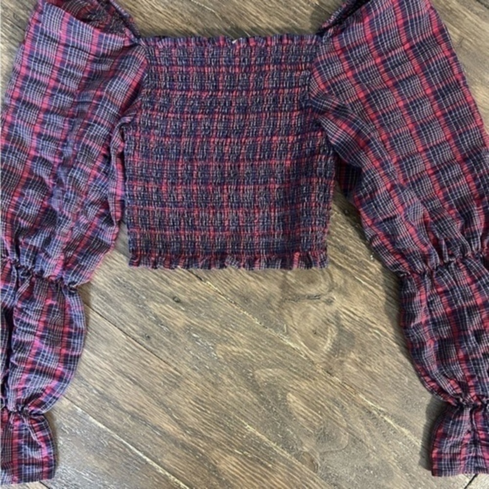 ZARA Off the Shoulder Top Size Small Puffy Sleeves Plaid Cropped EUC